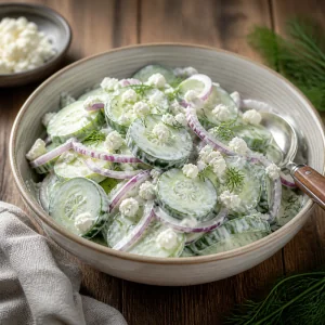Ensalada de pepino terminada con yogur, eneldo, cebolla y feta