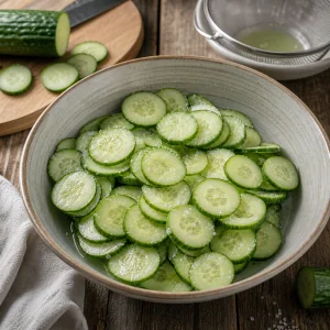 Rodajas de pepino con sal soltando agua en un bol
