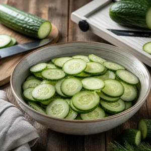 Rodajas finas de pepino en un bol de cerámica