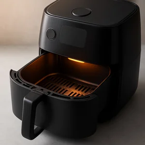An open air fryer on a clean counter, ready to preheat.