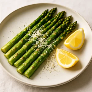 Finished asparagus on a plate with fresh lemon wedges beside it.
