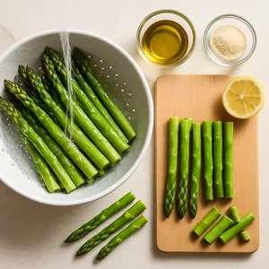 Fresh asparagus spears beside trimmed woody ends on a clean prep surface.