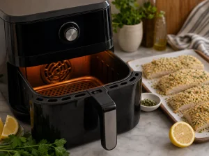 Air fryer en prechauffage pres du cabillaud pane