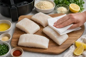 Filets de cabillaud seches avec du papier absorbant