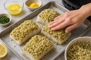 Croute de panko au citron et aux herbes pressee sur le cabillaud