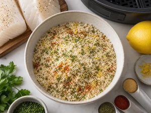 Panko, parmesan, zeste de citron et herbes melanges dans un bol