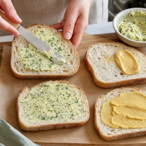 Garlic-herb butter spread over sourdough bread slices with Dijon mustard ready for grilled cheese assembly.