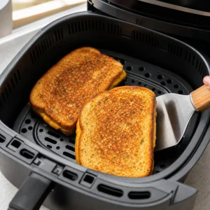 Golden grilled cheese sandwiches cooking in an air fryer basket with melted cheddar at the edges.