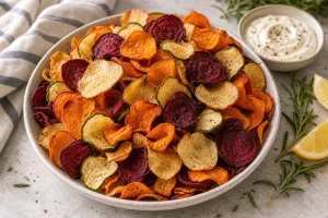 Knusprige Airfryer-Gemuesechips mit Dip serviert
