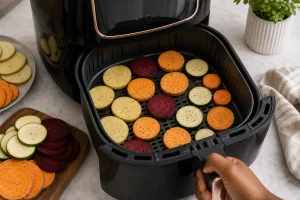 Gemuesescheiben in einer einzelnen Schicht im Airfryer-Korb ausgelegt