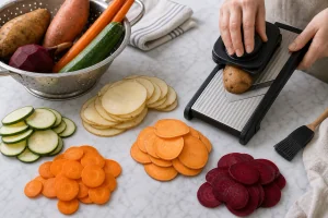 Gemuese papierduenn fuer Airfryer-Chips geschnitten
