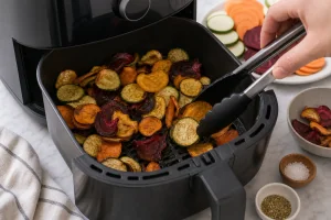 Gemuesechips zur Halbzeit gewendet, waehrend sie golden und knusprig werden