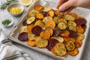 Warme Gemuesechips mit Rosmarin und Zitronenabrieb bestreut