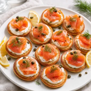 Finished crispy baked blini with sour cream smoked salmon dill capers and lemon