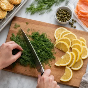 Aneto fresco tritato con spicchi di limone capperi e salmone affumicato pronti
