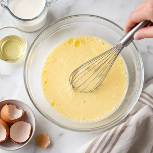Latte uova e olio vegetale sbattuti insieme per la pastella dei blini