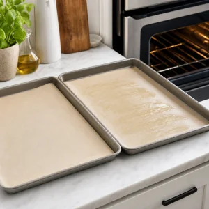 Teglie rivestite con carta forno pronte accanto al forno per i blini