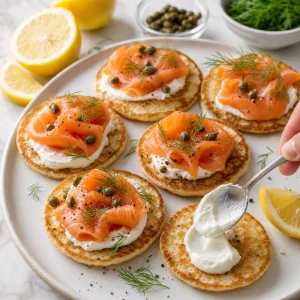 Blini al forno caldi con panna acida salmone affumicato aneto capperi e limone