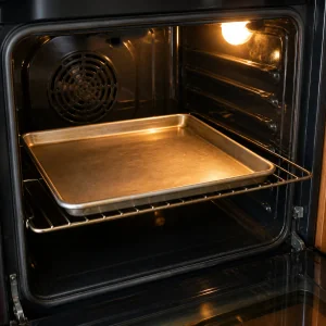 Empty rimmed sheet pan heating on the middle oven rack