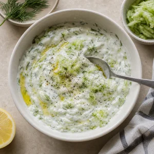 Thick tzatziki sauce with grated cucumber, dill, olive oil, and pepper