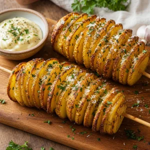 Spirali di patate croccanti al forno con burro all aglio, parmigiano e prezzemolo