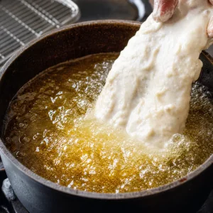 Kabeljaufilet im Bierteig wird in blubberndes heisses Oel gesenkt