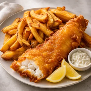 Fisch im Bierteig serviert mit dreifach gegarten Chips Zitrone und Tartarsauce