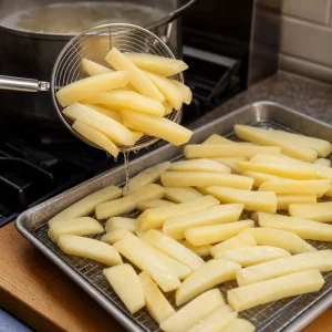 Blanchierte Kartoffelchips abgetropft und zum Abdampfen auf einem Blech verteilt