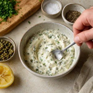 Cremige Tartarsauce mit Kapern Petersilie und Zitrone verruehrt