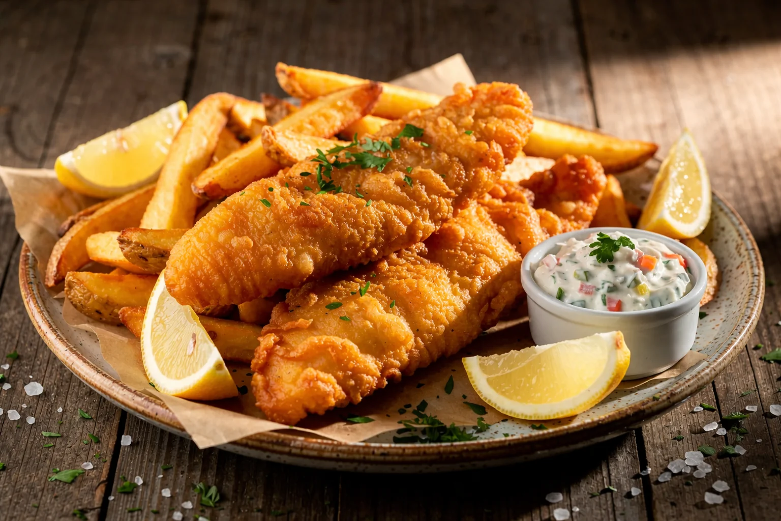 Knuspriger Bierteig-Fisch mit dreifach gegarten Hand-Chips