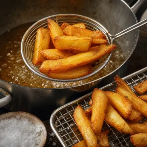 Goldene dreifach gegarte Chips werden nach dem letzten Frittieren aus heissem Oel gehoben