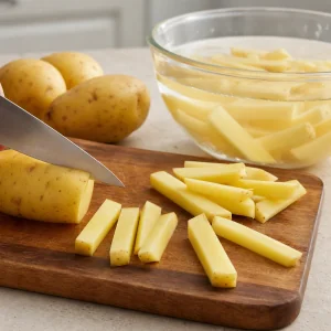 Handgeschnittene Kartoffelchips weichen nach dem Schneiden in kaltem Wasser ein