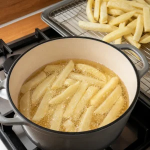 Blasse handgeschnittene Chips blubbern beim ersten Frittieren bei niedriger Temperatur