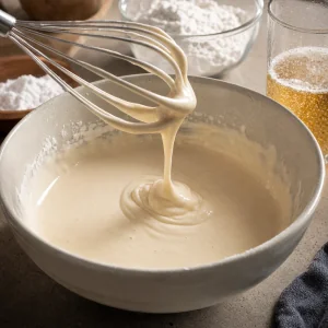 Glatter Bierteig wird in einer Ruehrschuessel verquirlt