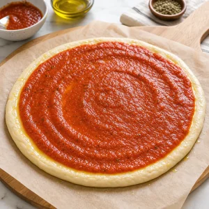 Pizza dough brushed with oil and spread with sauce