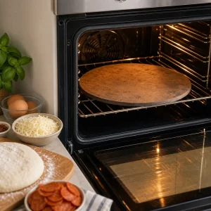 Pizza stone preheating in a hot oven