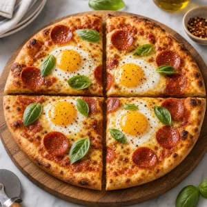 Sliced breakfast pepperoni pizza with sunny eggs and basil