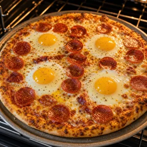 Sunny eggs baking on pepperoni pizza
