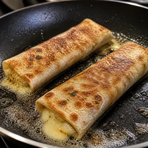 Rolinhos dourados de lavash com queijo derretido nas bordas