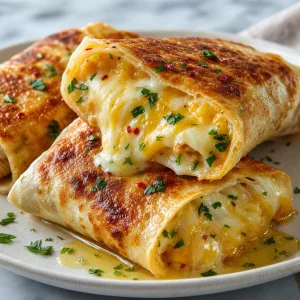 Rouleaux de lavash dorés ouverts avec fromage fondu et beurre à l’ail