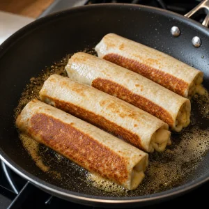 Rolinhos de lavash dourando na manteiga na frigideira