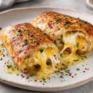 Rolo crocante de lavash cortado com queijo derretido e manteiga de alho