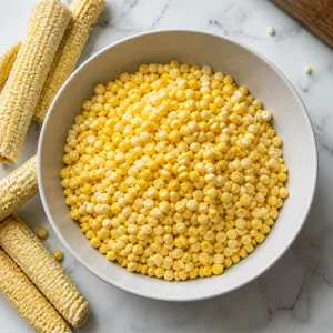 Bowl of fresh corn kernels beside scraped cobs