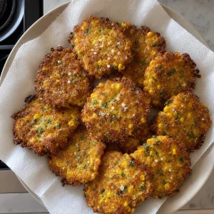 Cooked corn fritters draining on paper towels