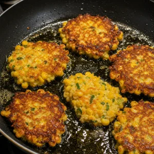 Corn fritters browning in a skillet