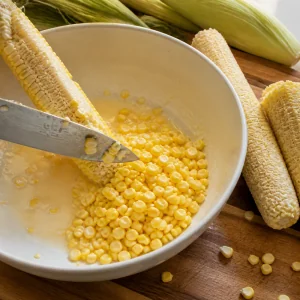 Corn kernels being cut from the cob into a bowl