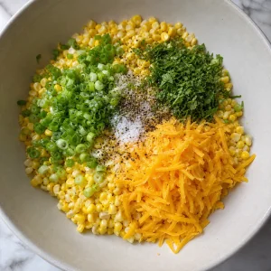 Corn mixed with scallions, herbs, cheddar, salt, and pepper