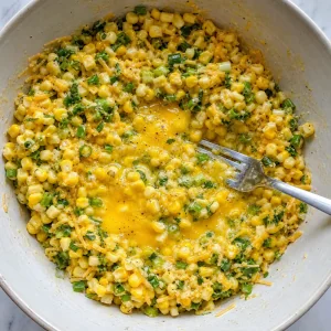 Eggs stirred into the corn fritter mixture
