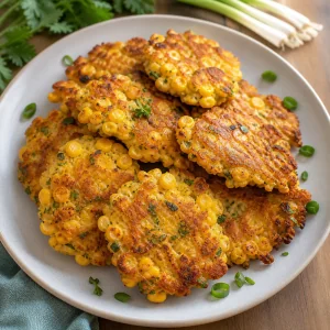 Finished crispy corn fritters on a plate