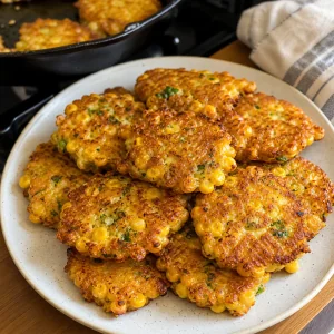 Hot batch of golden corn fritters ready to serve